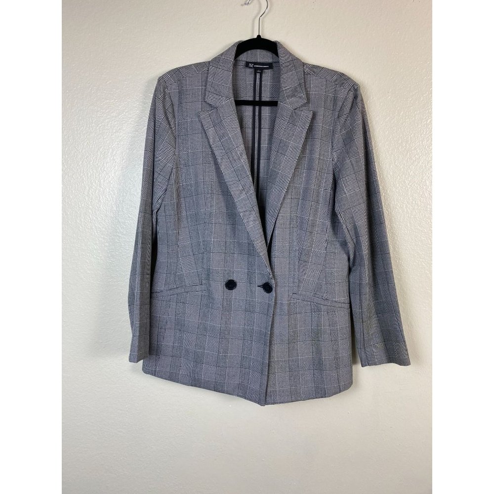 INC Women Gray Plaid Houndstooth Double Breasted Blazer Jacket size Large career